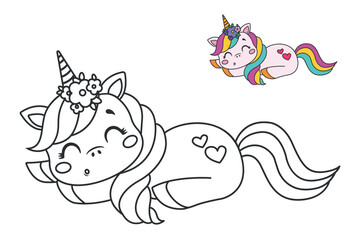 Cute unicorn. Childrens coloring page. Vector illustration.