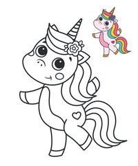 Cute unicorn. Childrens coloring page. Vector illustration.