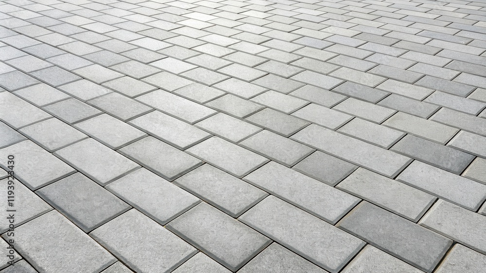 Poster a perspective view of a herringbone pattern paved walkway made of light gray rectangular stones