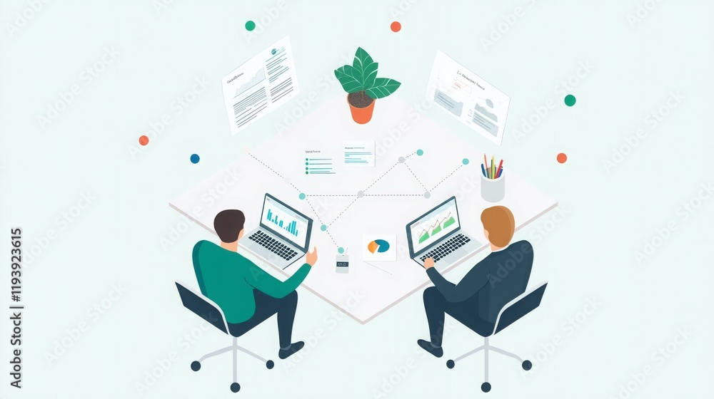 Poster two individuals collaborating on laptops with charts and documents in a modern workspace.