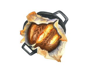 Watercolor illustration of fragrant homemade bread with a crispy crust.