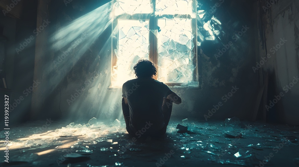 Poster a person sitting in a barren room with light streaming through a broken window, surrounded by shatte