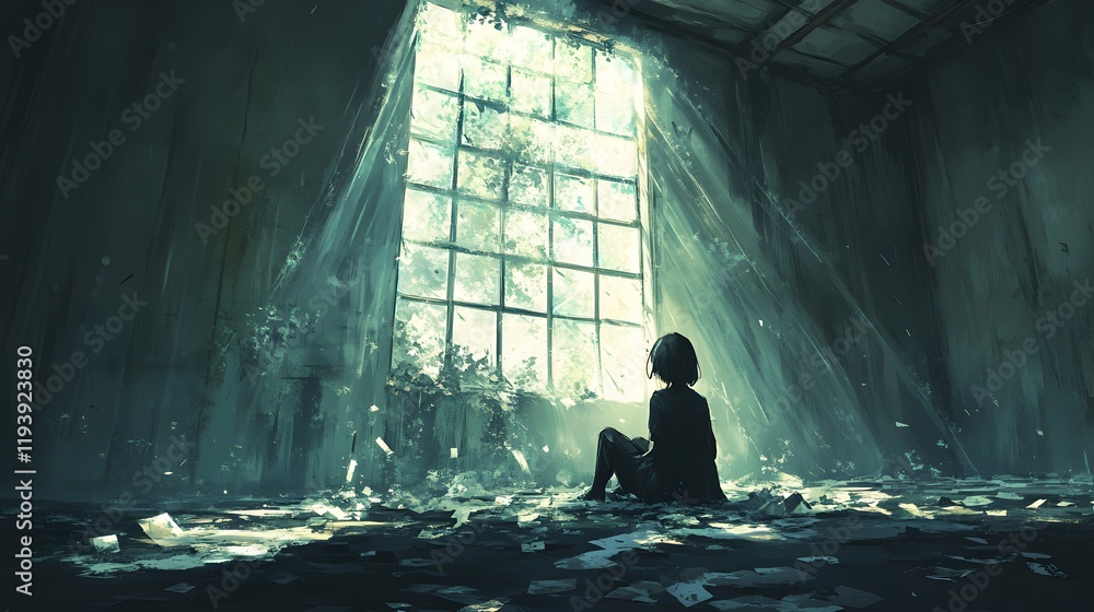 Poster a person sitting in a barren room with light streaming through a broken window, surrounded by shatte
