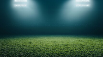 A dimly lit sports field with bright floodlights illuminating the grass.
