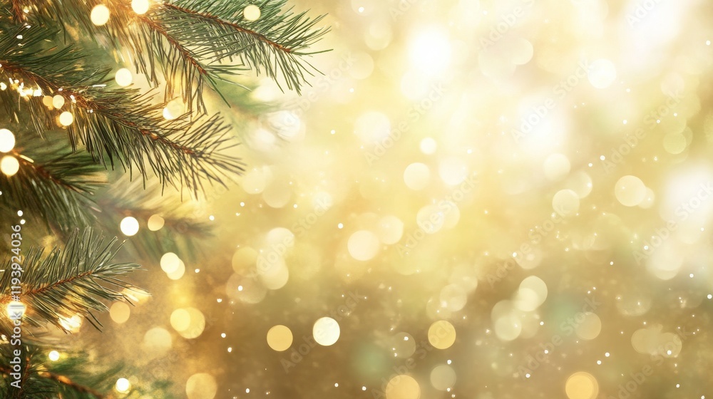 Poster a festive background featuring christmas tree branches and soft bokeh lights.