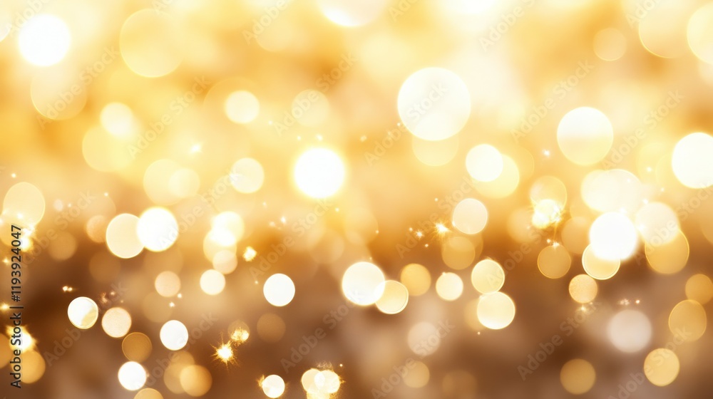 Poster a shimmering golden bokeh background with soft, sparkling lights for decorative purposes.
