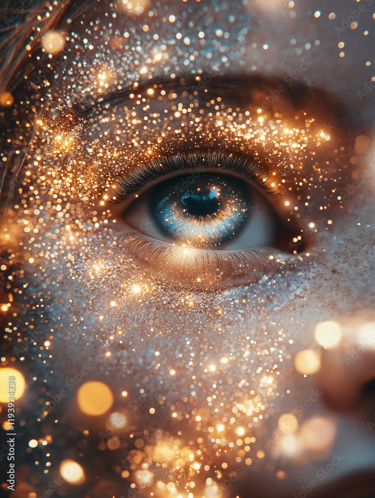 Poster sparkling gaze: a mesmerizing close-up of an eye adorned with shimmering golden glitter, creating an