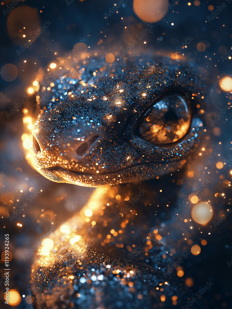 Aufkleber glittering dragon: a mesmerizing digital art piece featuring a young dragon, its scales shimmering w