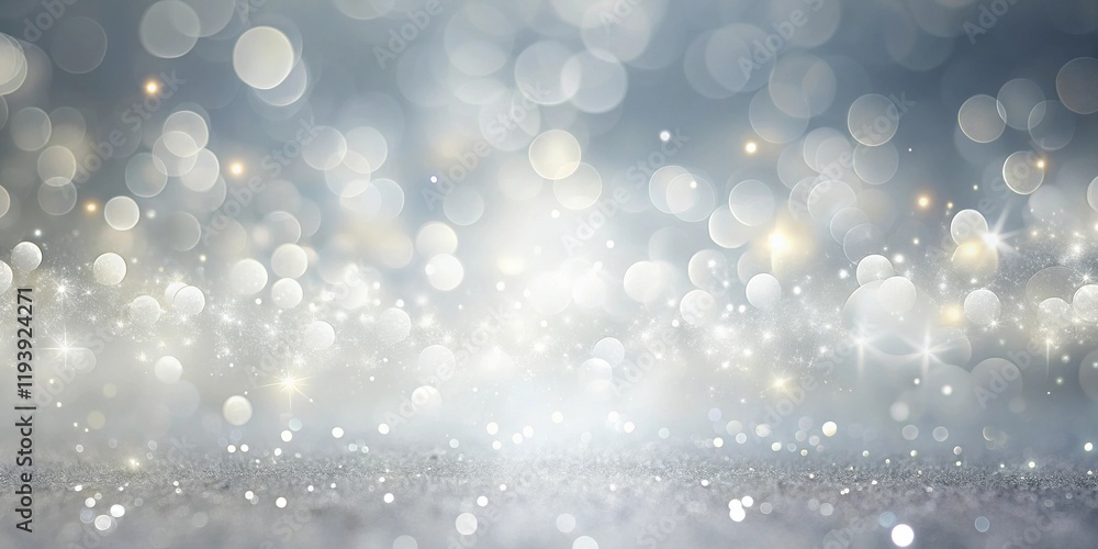 Poster Silver glitter bokeh background with shimmering lights and sparkles