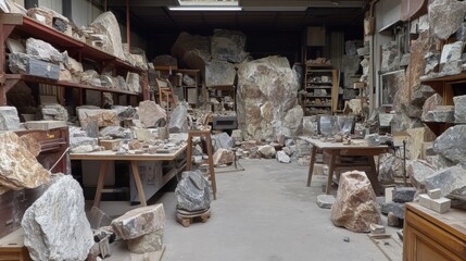 A panoramic view of a workbench filled with locally sourced natural stones each stone tagged with its quarry location celebrating the cultural heritage of local geology.