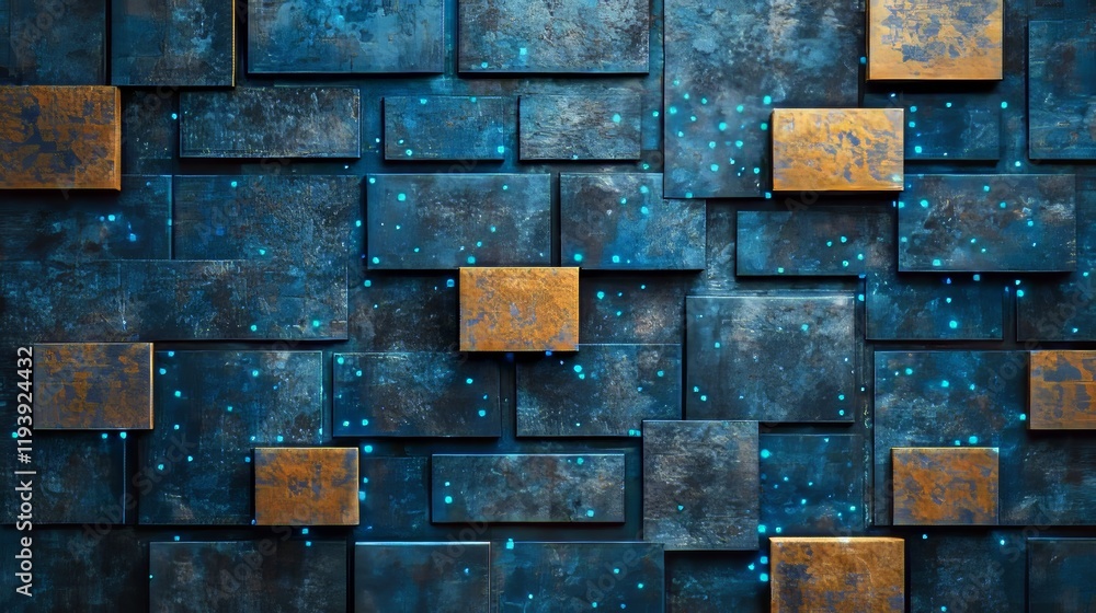 Poster abstract pattern of blue and gold metallic squares with glowing blue particles, 3d rendering