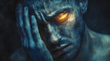 Fototapeta premium A man s trembling hand pressed against his forehead, his face contorted in anguish, veins prominent on his temple, illuminated by the faint glow of a flickering light