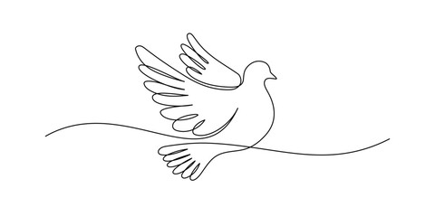 White dove in one continuous line drawing. Bird symbol of peace and freedom in simple linear style. Concept for wedding invitation icon. Editable stroke. Doodle ink sketch vector illustration