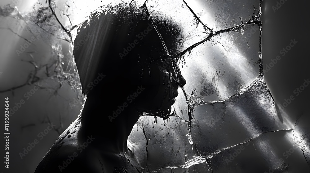 Poster a person standing in front of a cracked window, the light streaming through and casting fragmented s