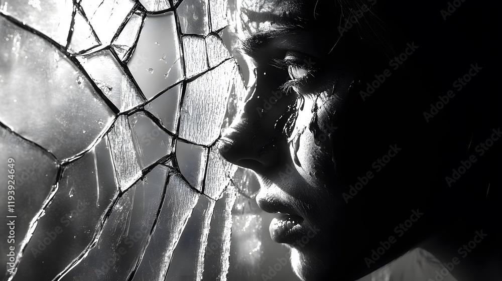 Poster A person standing in front of a cracked window, the light streaming through and casting fragmented shadows on their tear-streaked face, symbolic and dramatic