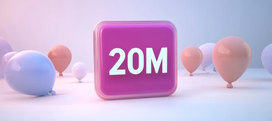 3D Rendering Of A Pink Square Icon Of 20M Text Surrounded By Balloons On White Background