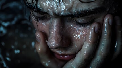Obraz premium A pair of trembling hands wiping away tears, the person s face still contorted in pain, with soft lighting adding warmth to the scene