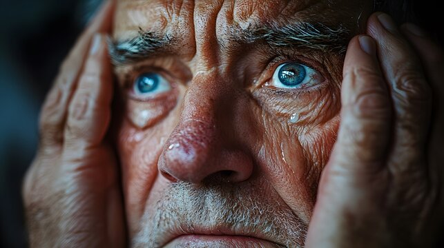 A close-up of a man s face being held gently by another pair of hands, his tear-filled eyes looking into the distance, the contrast of comfort and despair palpable