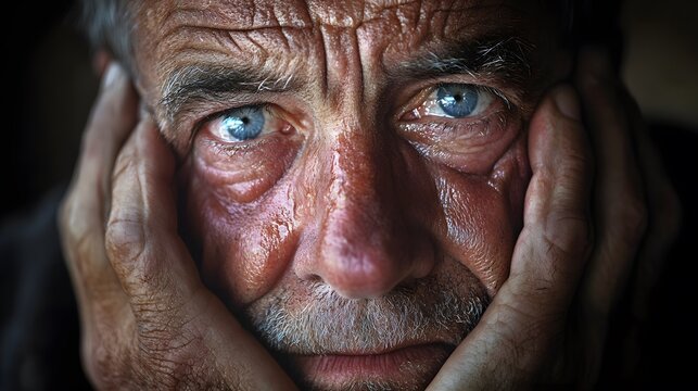 A close-up of a man s face being held gently by another pair of hands, his tear-filled eyes looking into the distance, the contrast of comfort and despair palpable