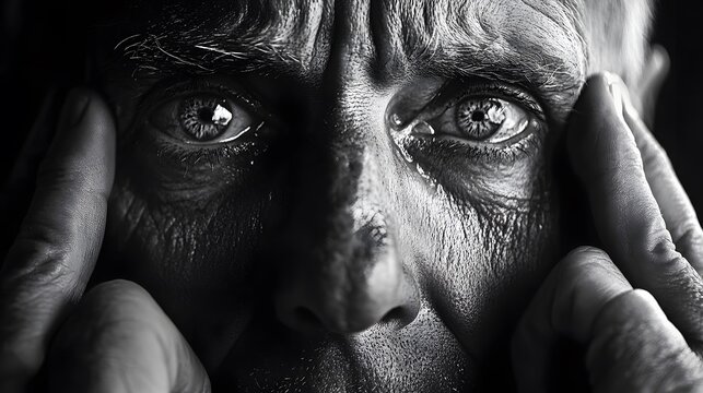 A close-up of a man s face being held gently by another pair of hands, his tear-filled eyes looking into the distance, the contrast of comfort and despair palpable