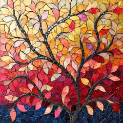 Vibrant Mosaic Tree with Colorful Leaves Against Dramatic Background