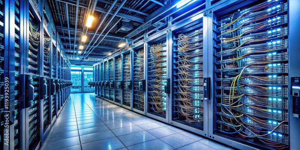 Leinwandbilder a long corridor of illuminated data servers in a modern data center