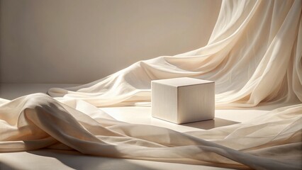 Cream-colored fabric drapes elegantly around a minimalist cube, bathed in soft, natural light, creating a serene and sophisticated display.