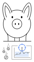 Large piggy bank with falling coins paired with a financial chart and line graph. Ideal for saving, investing, wealth management, finance education, money planning, budgeting, economic analysis
