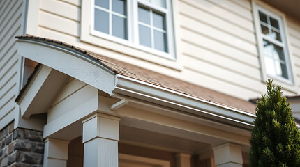 Elegant Home Exterior: Architectural Details and Design. High-quality image showcasing the beauty of residential architecture, focusing on the house's exterior, roof, and gutters.