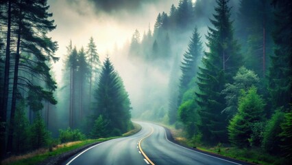 Fototapeta premium Misty Forest Road Winding Through Lush Evergreen Trees