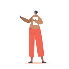 Smiling Woman Using Tablet And Making Pointing Gesture. Female Character Demonstrating Product Or Pointing