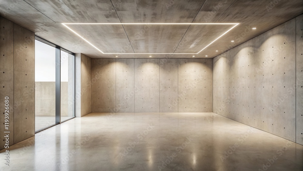 Poster Modern minimalist empty room with concrete walls and polished floor, featuring a large window and recessed lighting