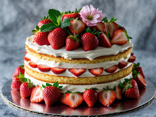 Elegant strawberry shortcake with two golden sponge layers, whipped cream, fresh strawberries, and floral garnish.