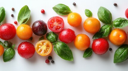 Naklejka premium Colorful cherry tomatoes, plums, basil, and peppercorns arranged on white background; food photography for recipe blogs