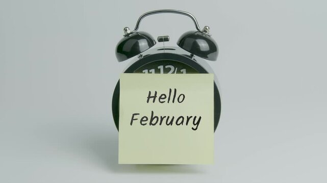 Hello February Text or Word on Yellow Note Paper Sticking onto Black Alarm Clock on White Background With Sound
