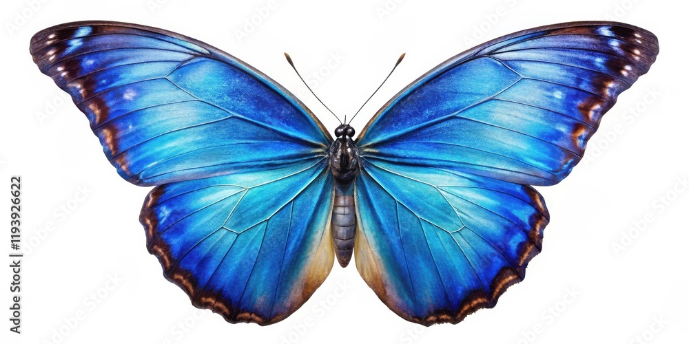 Poster vibrant blue morpho butterfly wings isolated on white background for design elements