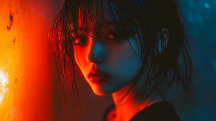 Young Woman Portrait Neon Red Lighting Artistic