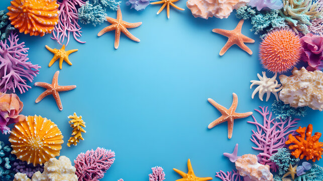 un fondo azul con espacio de copia con un marco de elementos del mar como corales conchas y estrellas de mar fondo creativo marino y acuatico
