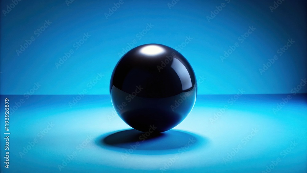 Poster a single, dark sphere rests on a bright blue surface, casting a subtle shadow.