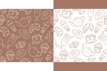 Set of two pastry and coffee seamless patterns in doodle engraved sketch style. Baked goods: donuts, muffins, croissants, latte, cappuccino, americano, mocha. Coffee color and white background