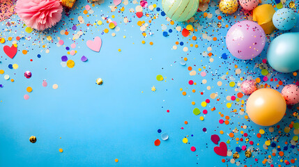 un fondo azul con espacio de copia con confeti y globos de colores para invitacion o tarjeta de cumpleaños o celebracion