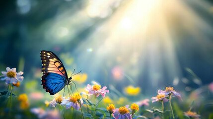A delicate enchanted woodland flower landscape forest glowing sunlight clearing mystical magical healing fairyland butterfly ambience meditation spiritual environment copy space nature background