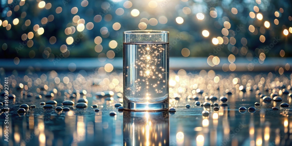 Poster A Glass of Sparkling Water on a Reflective Surface with Bokeh Lights