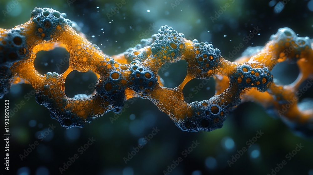 Poster abstract 3d rendering of a complex molecular structure with orange and blue hues, resembling a dna s