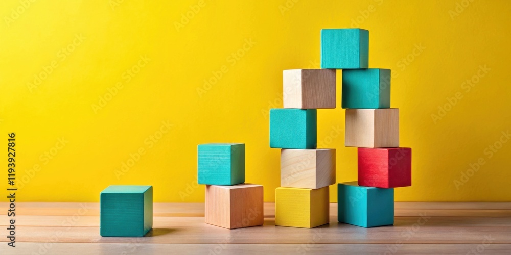 Poster colorful wooden blocks arranged in an ascending pattern on a table against a yellow background