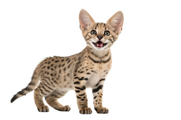 Savannah kitten isolated on white background. Savannah kitten standing in front of white background. Studio photo. Beautiful spotted and striped gold colored Serval Savannah kitten.