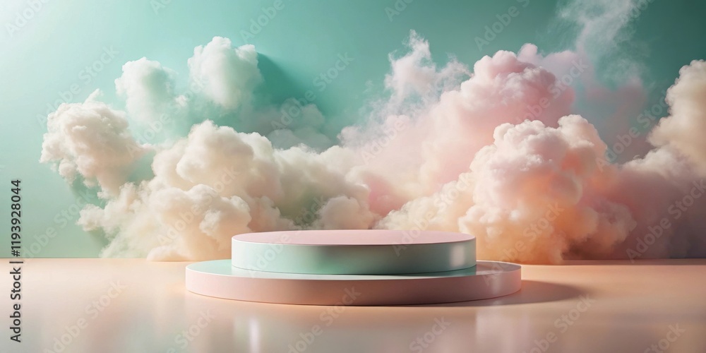 Poster pastel dreamscape product display two-tiered circular platform against a soft cloud background