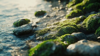Green Moss on Rocky Shoreline by Calm Water