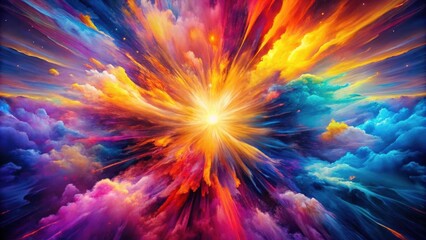 A vibrant explosion of color and light, radiating outwards into a cosmic expanse of swirling clouds and nebulae