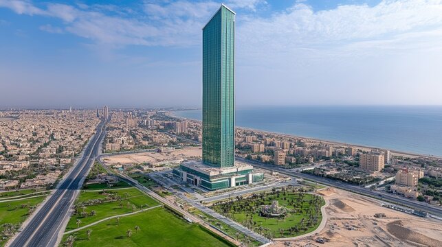 Modern, green skyscraper towering over a bustling city center and coastline, aerial perspective.